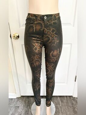 JC & JQ Snake Print Pants Black/Brown Green Faux Leather High Waist Skinny S